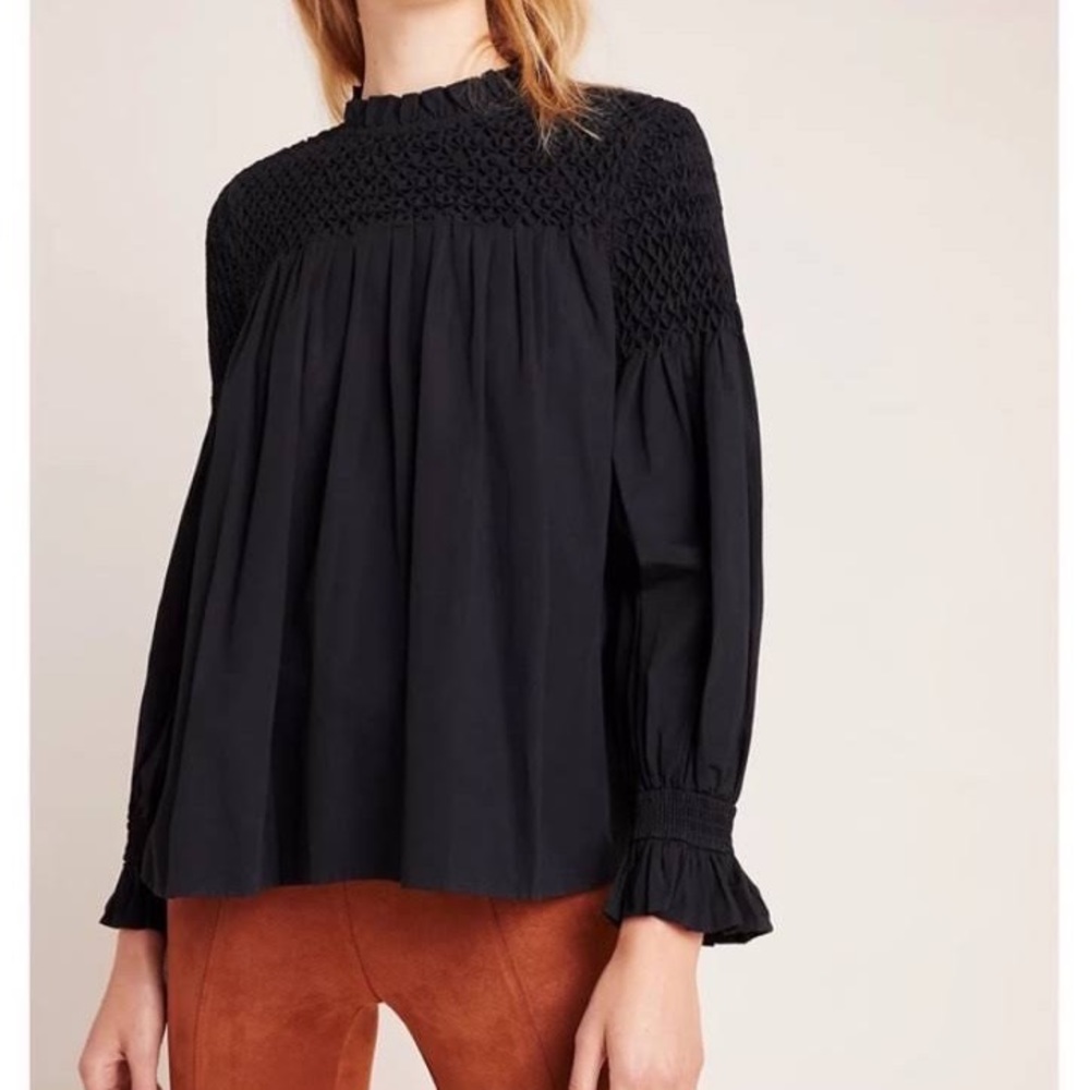 Anthropologie Maeve Long Sleeve High Neck Smocked Black Top Size 6